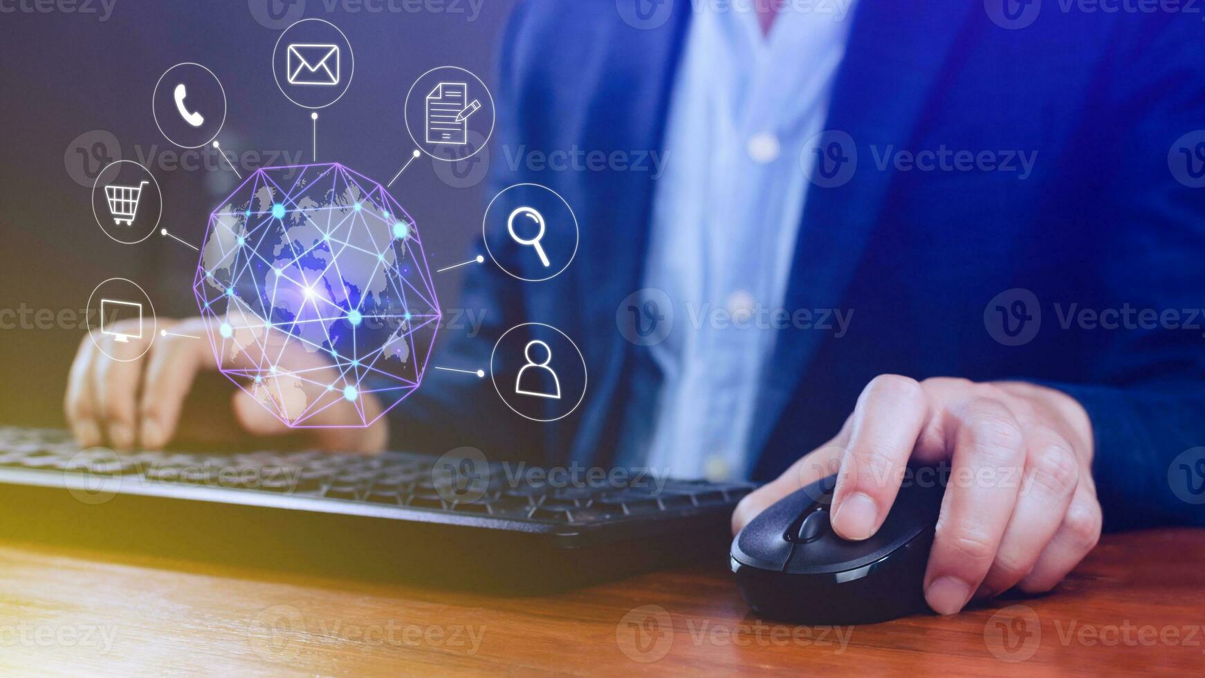 Businessman touching Global network connection digital business hologram, Big data analytics and business intelligence concept, Infograph, technology. photo