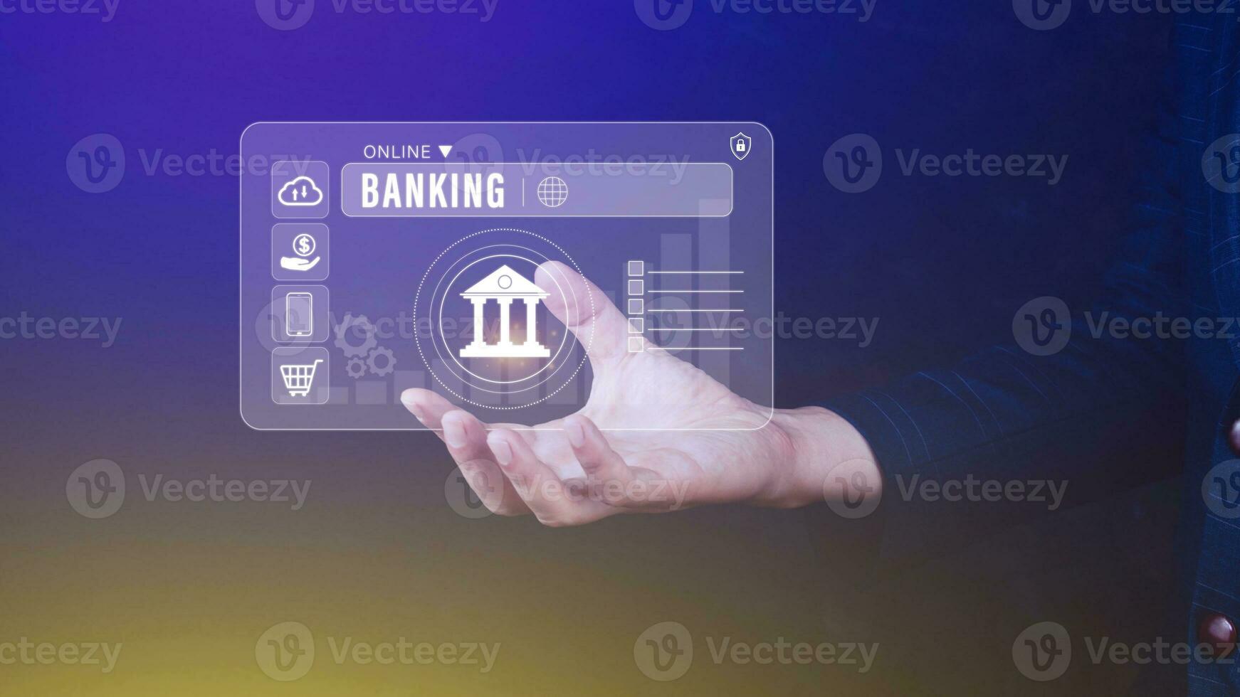 Businessman touches online banking and network connection icons, online payment icons on virtual screen, Internet Online Banking Pay Concept. photo