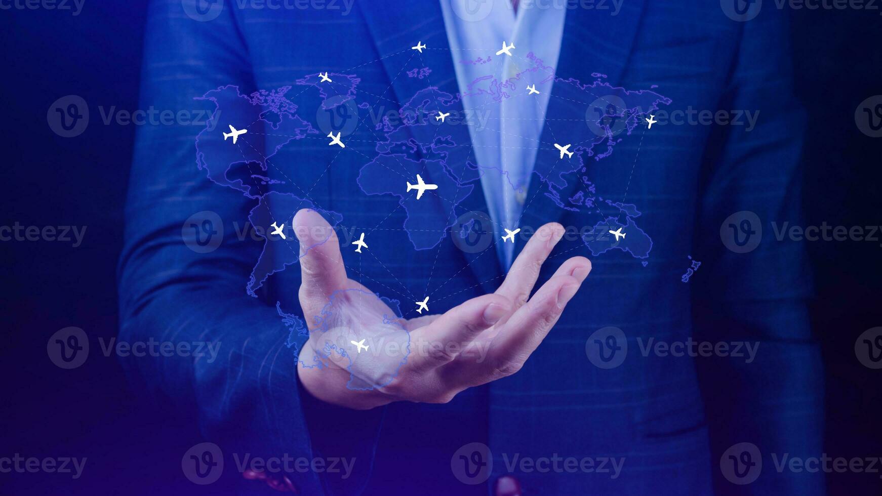 Businessman hand pushing flight booking networking, Hand pressing light blue world map with flight routes airplane, Transportation concept. photo