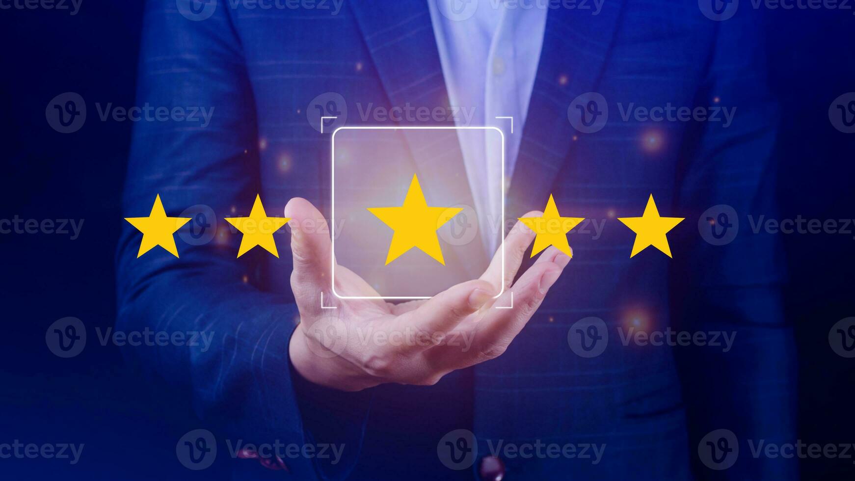 5 star rating. Businessman customer giving five star rating, Review, Service rating, Satisfaction, Customer service experience and feedback review satisfaction. photo