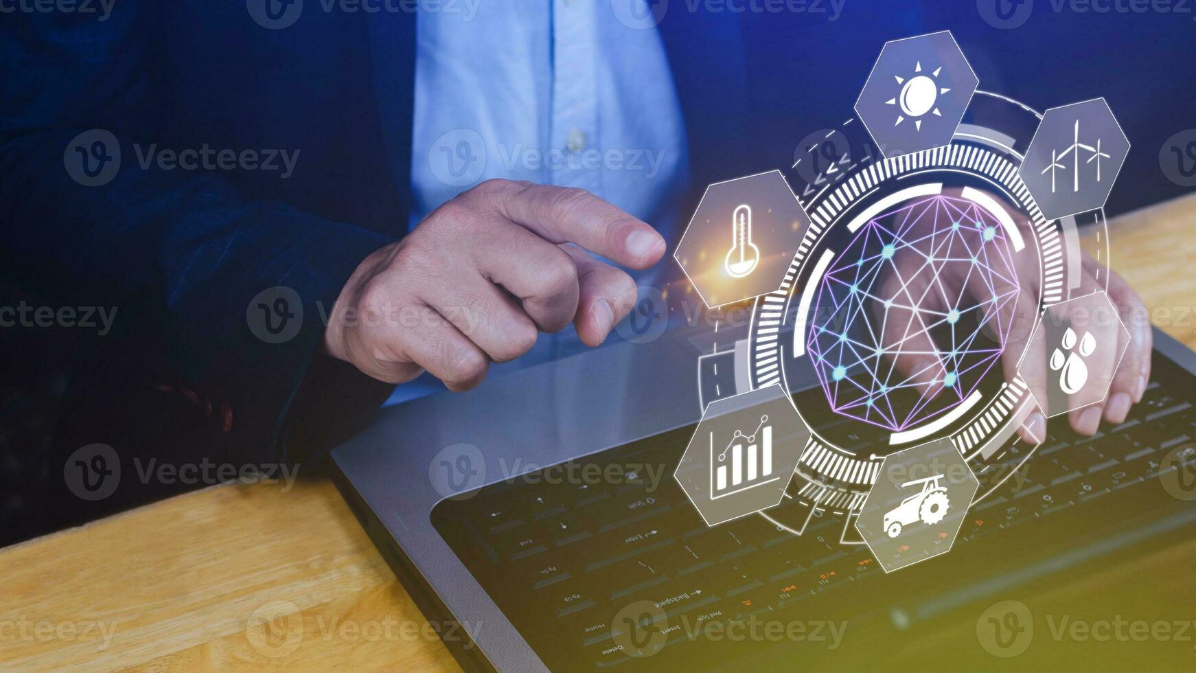 Using hand pressing with infographics Smart farming and precision agriculture with visual icon, Innovation technology for smart farm system, Agriculture management, smart technology concept photo