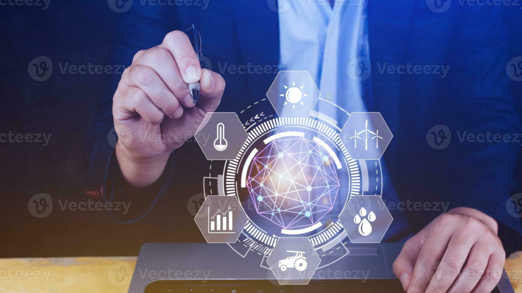 Using hand pressing with infographics Smart farming and precision agriculture with visual icon, Innovation technology for smart farm system, Agriculture management, smart technology concept photo