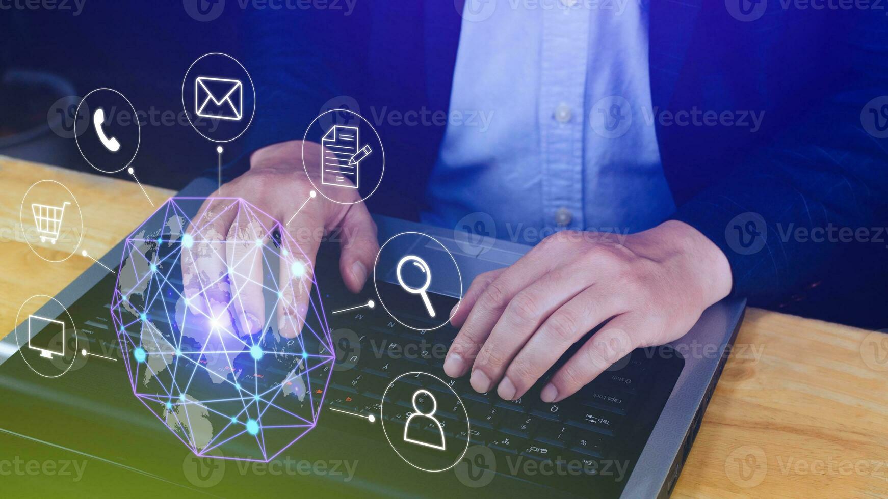 Businessman touching Global network connection digital business hologram, Big data analytics and business intelligence concept, Infograph, technology. photo