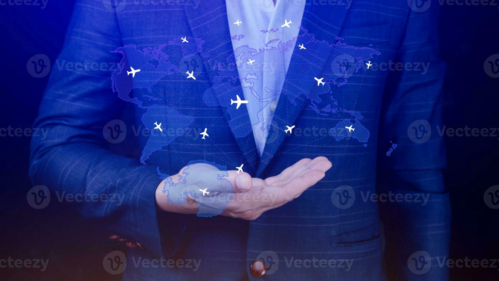 Businessman hand pushing flight booking networking, Hand pressing light blue world map with flight routes airplane, Transportation concept. photo
