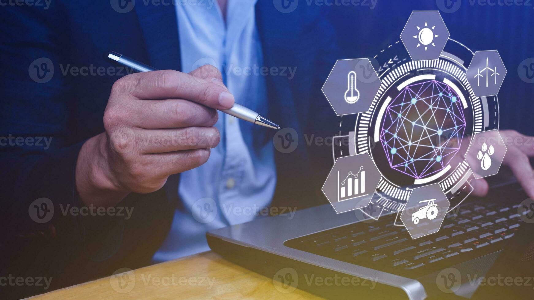 Using hand pressing with infographics Smart farming and precision agriculture with visual icon, Innovation technology for smart farm system, Agriculture management, smart technology concept photo