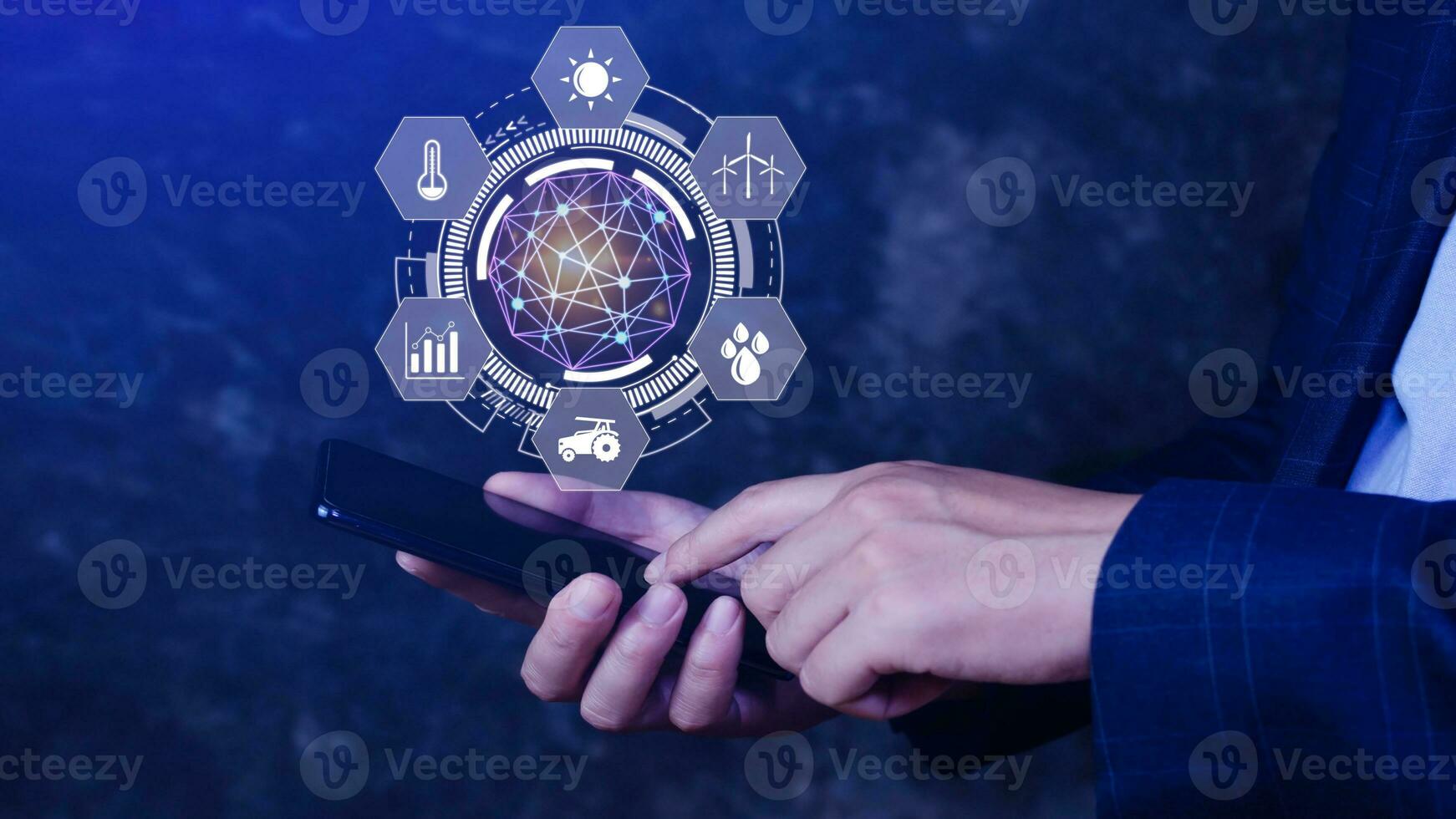 Using hand pressing with infographics smart farming and precision agriculture with visual icon on smartphone, Innovation technology for smart farm system, Agriculture management, smart technology photo