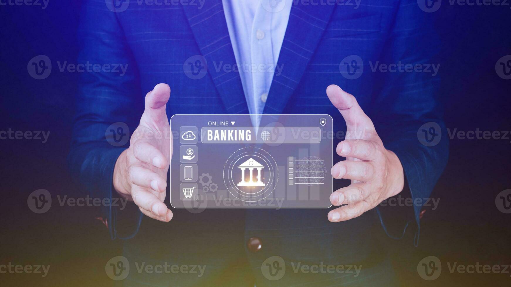 Businessman touches online banking and network connection icons, online payment icons on virtual screen, Internet Online Banking Pay Concept. photo
