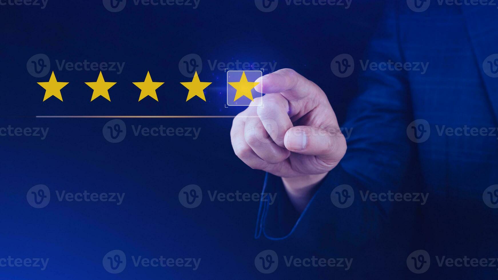 5 star rating. Businessman customer giving five star rating, Review, Service rating, Satisfaction, Customer service experience and feedback review satisfaction. photo