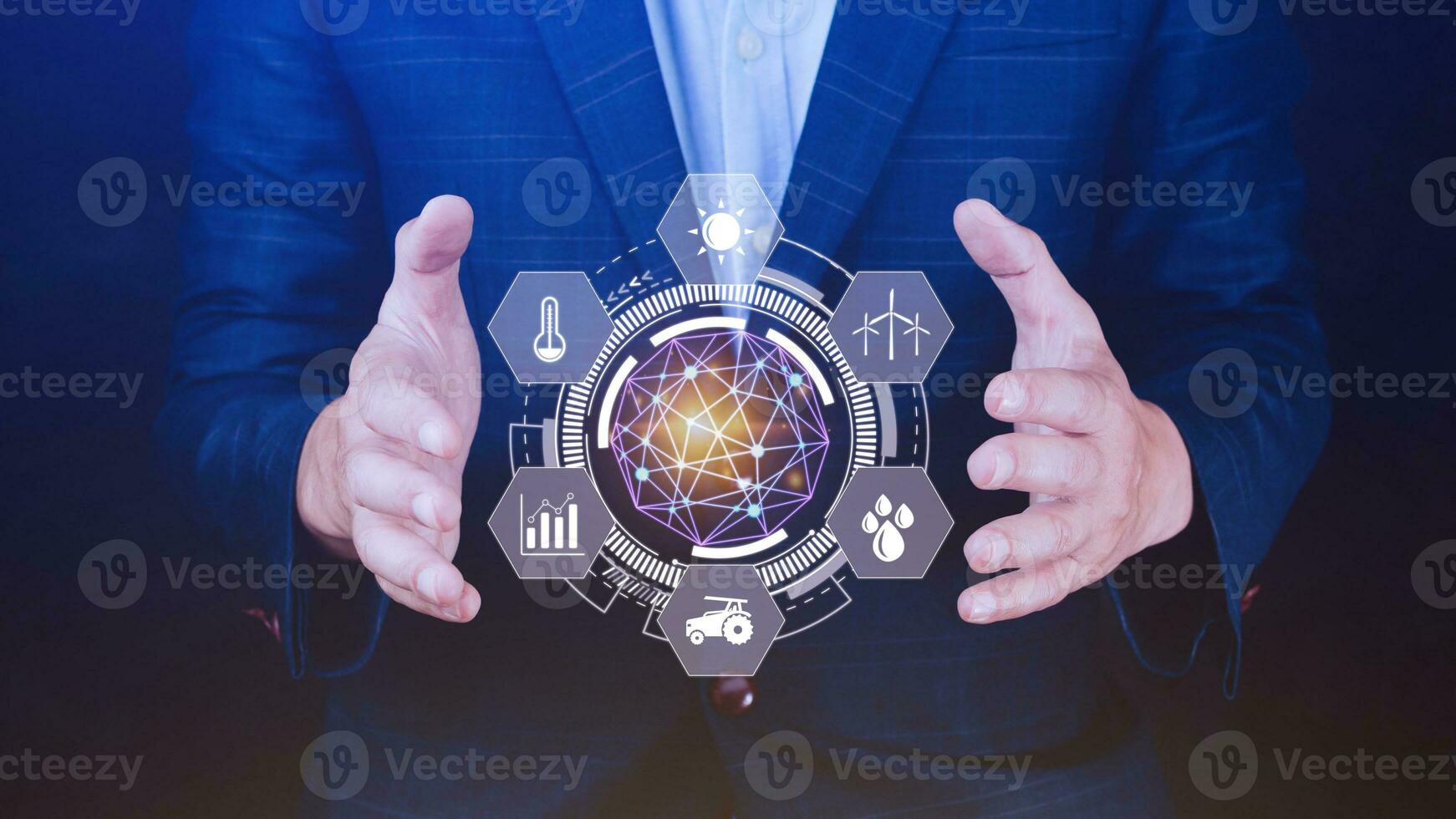 Using hand holding with infographics Smart farming and precision agriculture with visual icon, Innovation technology for smart farm system, Agriculture management, smart technology concept photo