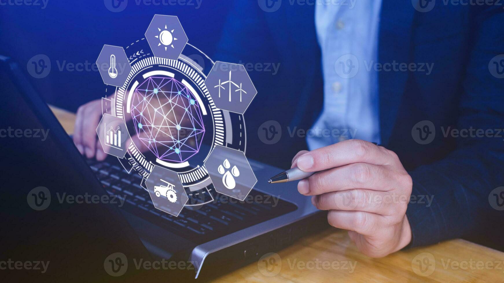 Using hand pressing with infographics Smart farming and precision agriculture with visual icon, Innovation technology for smart farm system, Agriculture management, smart technology photo
