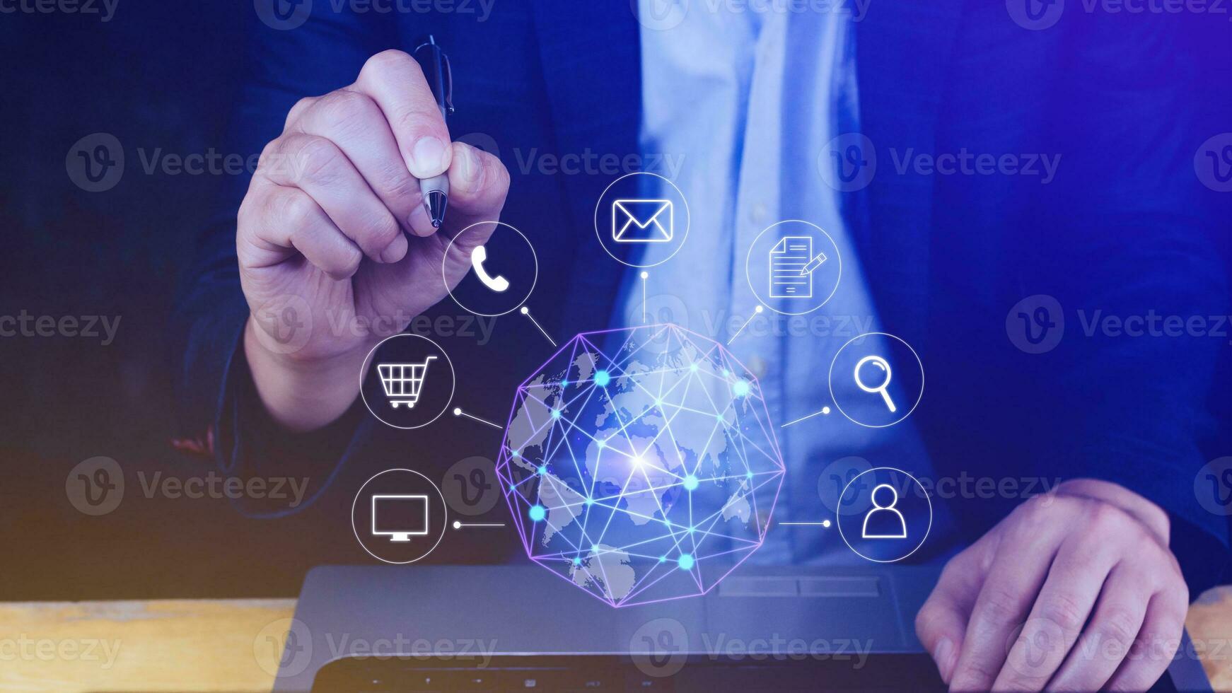 Businessman touching Global network connection digital business hologram, Big data analytics and business intelligence concept, Infograph, technology. photo