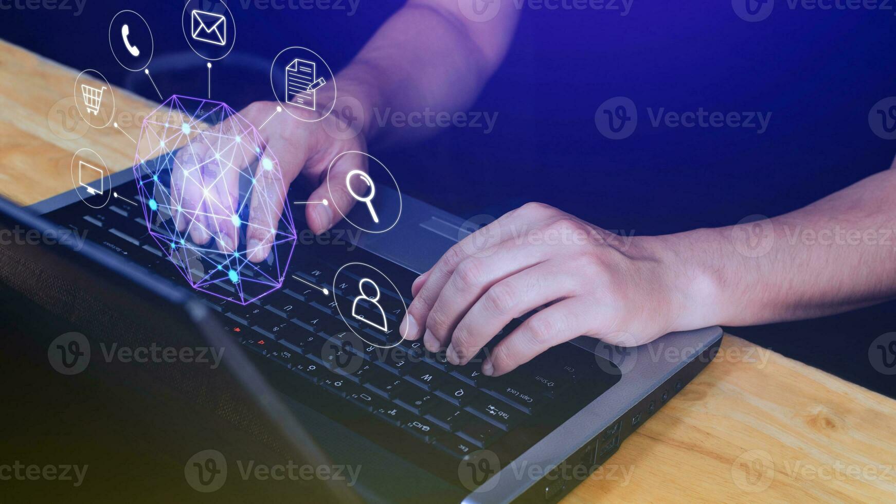 Businessman touching Global network connection digital business hologram, Big data analytics and business intelligence concept, Infograph, technology. photo