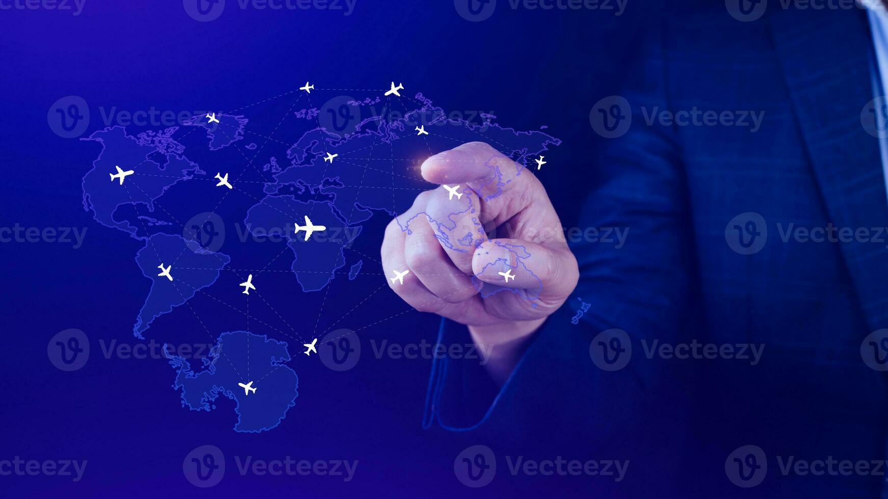 Businessman hand pushing flight booking networking, Hand pressing light blue world map with flight routes airplane, Transportation concept. photo