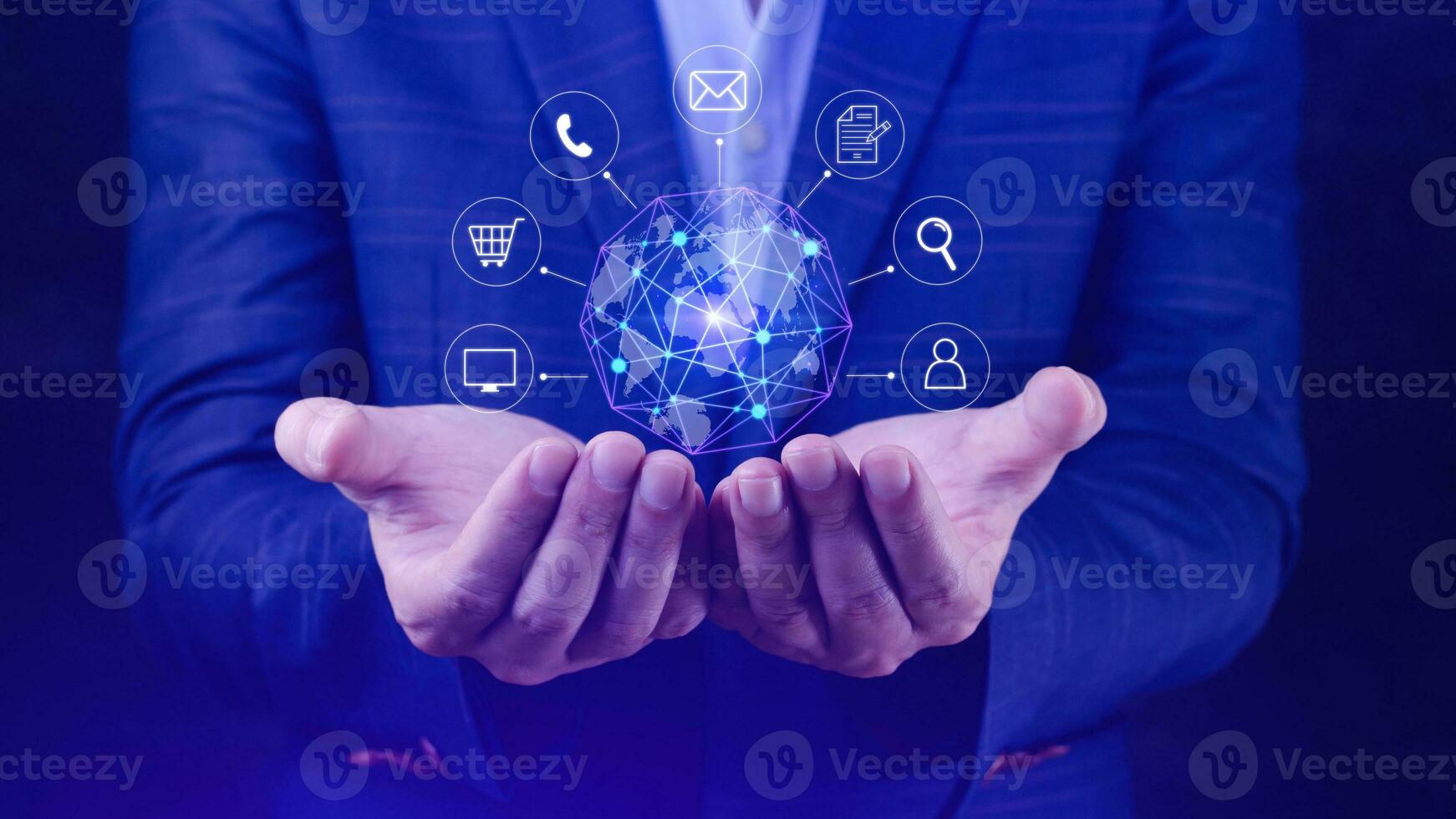 Businessman holding Global network connection digital business hologram, Big data analytics and business intelligence concept, Infograph, technology. photo