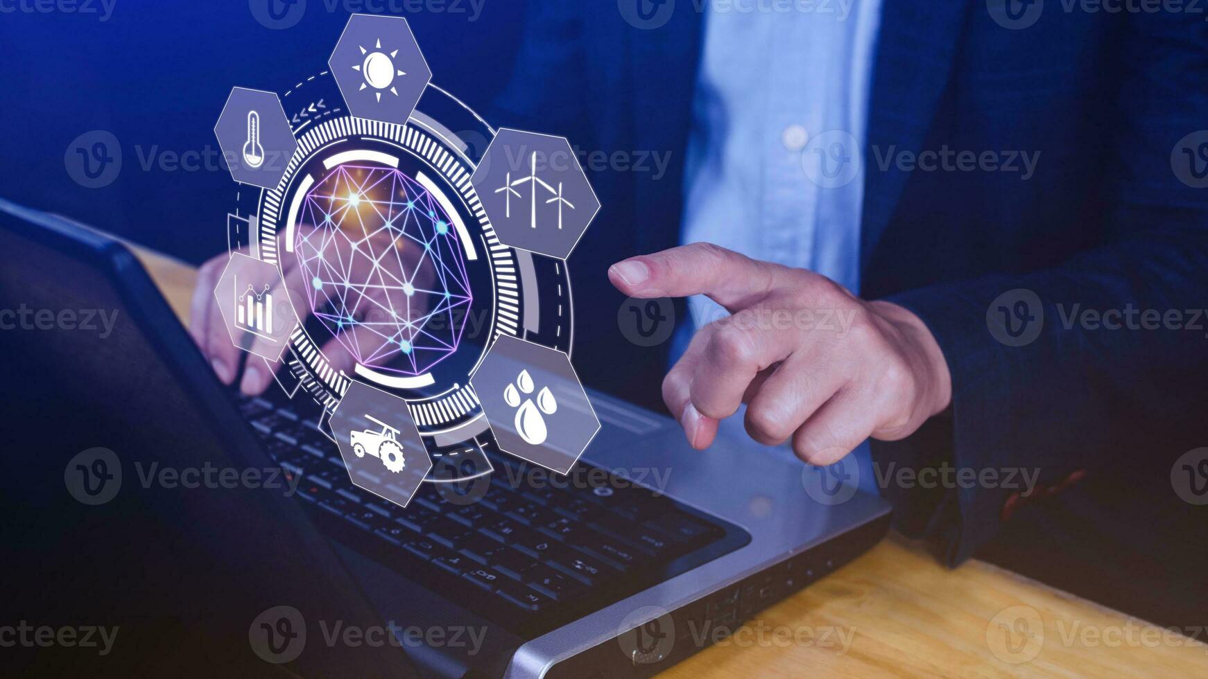 Using hand pressing with infographics Smart farming and precision agriculture with visual icon, Innovation technology for smart farm system, Agriculture management, smart technology concept photo