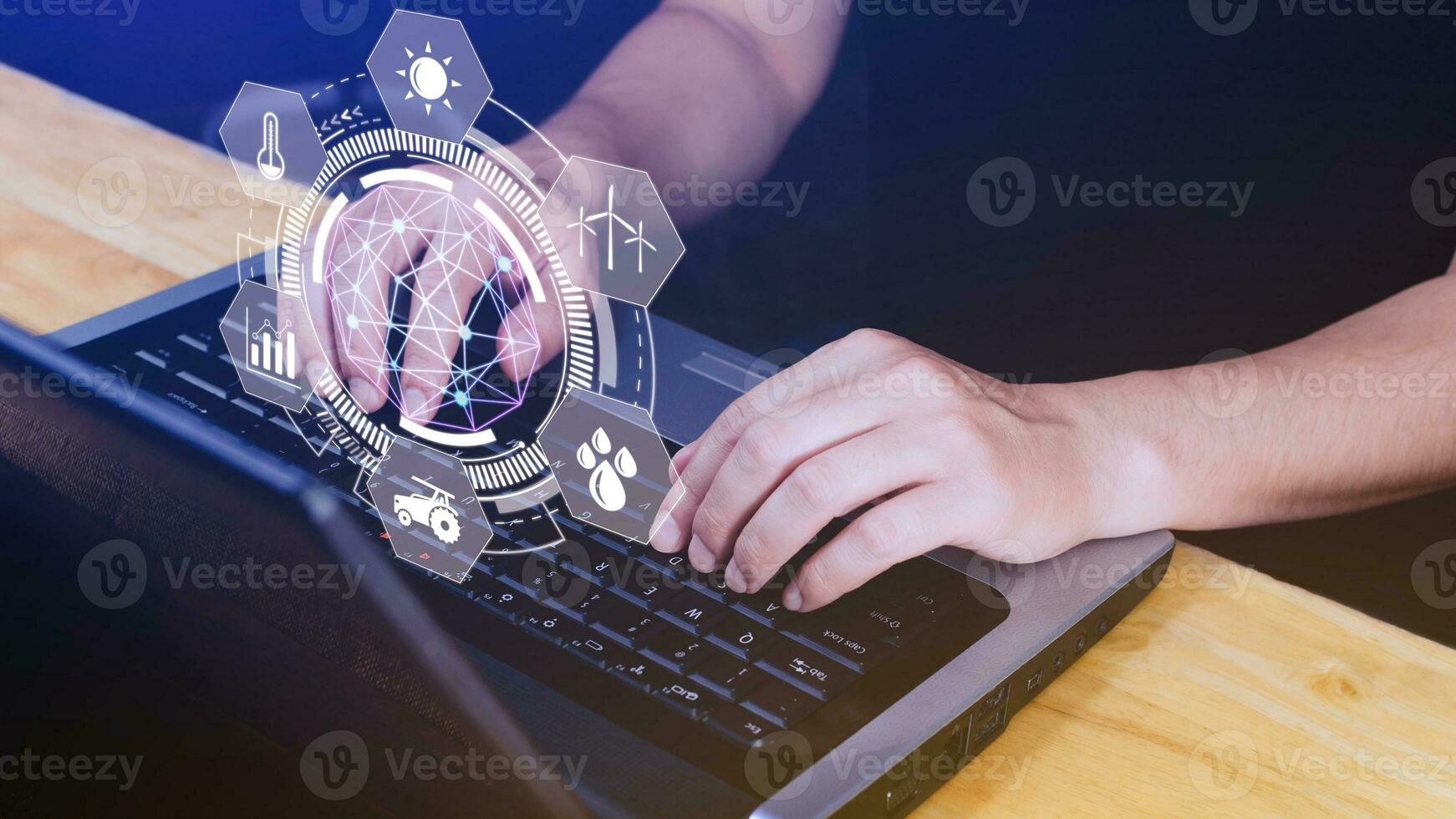 Using hand pressing with infographics Smart farming and precision agriculture with visual icon, Innovation technology for smart farm system, Agriculture management, smart technology concept photo