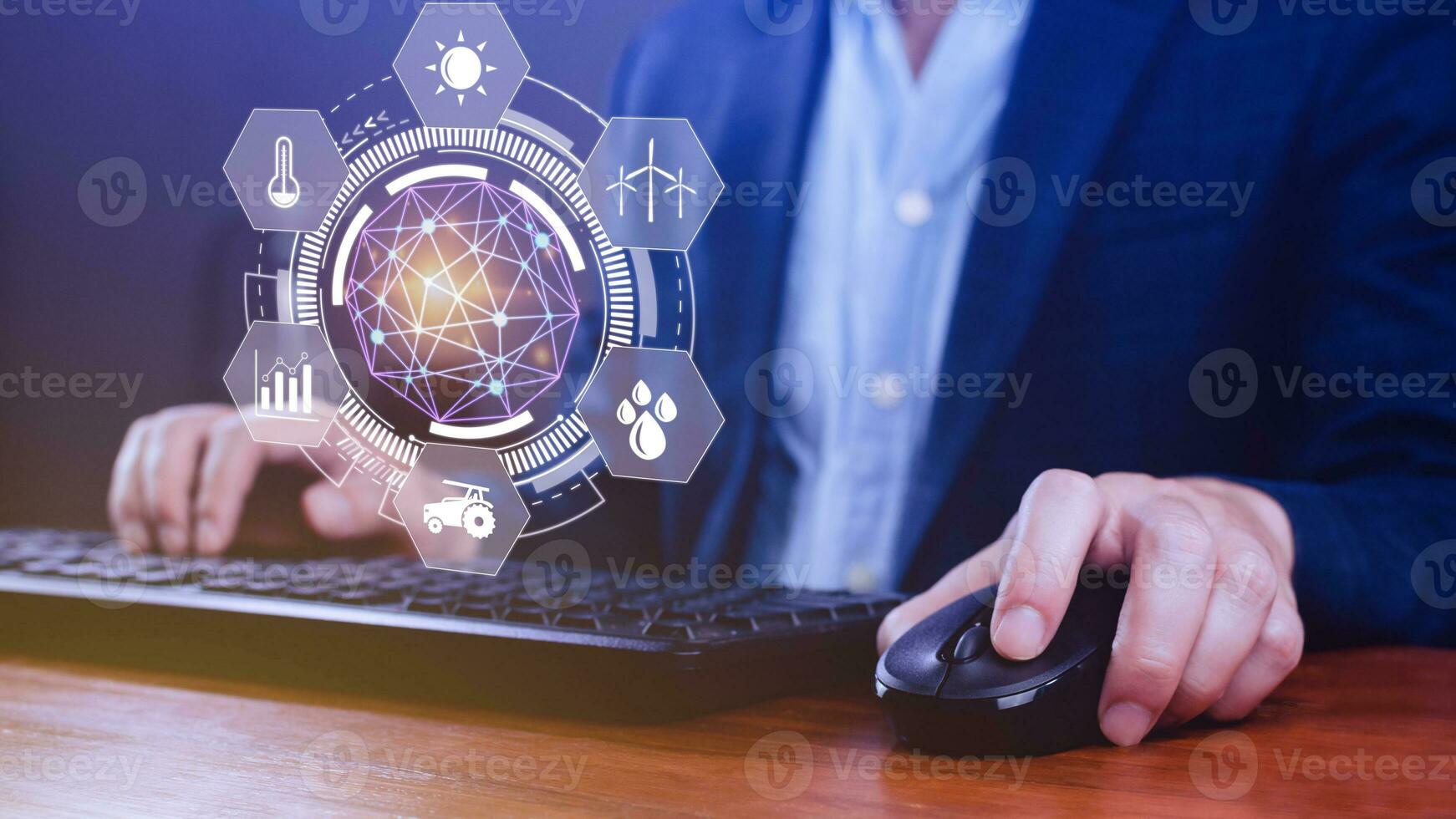 Using hand pressing with infographics Smart farming and precision agriculture with visual icon, Innovation technology for smart farm system, Agriculture management, smart technology concept photo