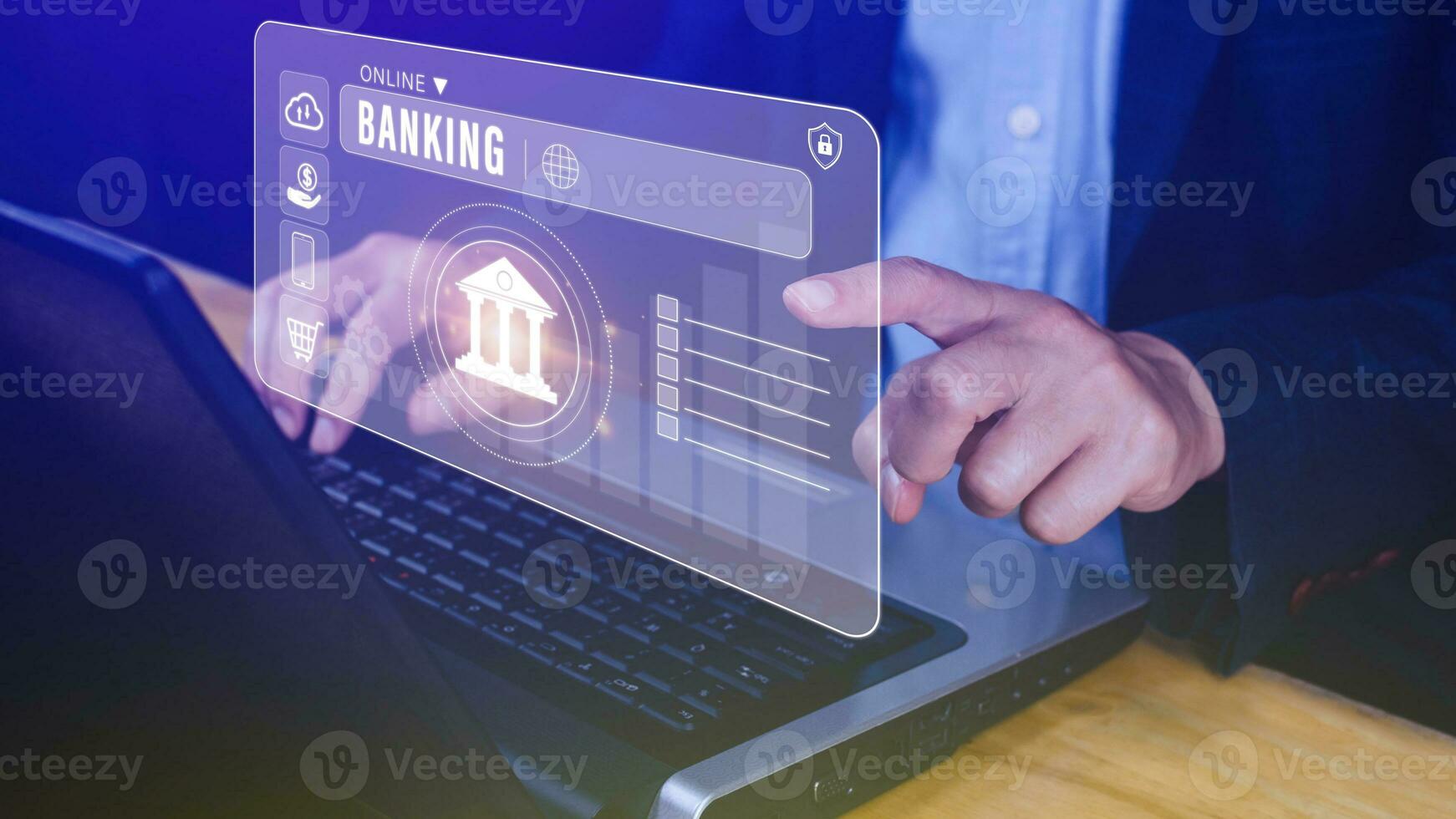 Businessman touches online banking and network connection icons, online payment icons on virtual screen, Internet Online Banking Pay Concept. photo