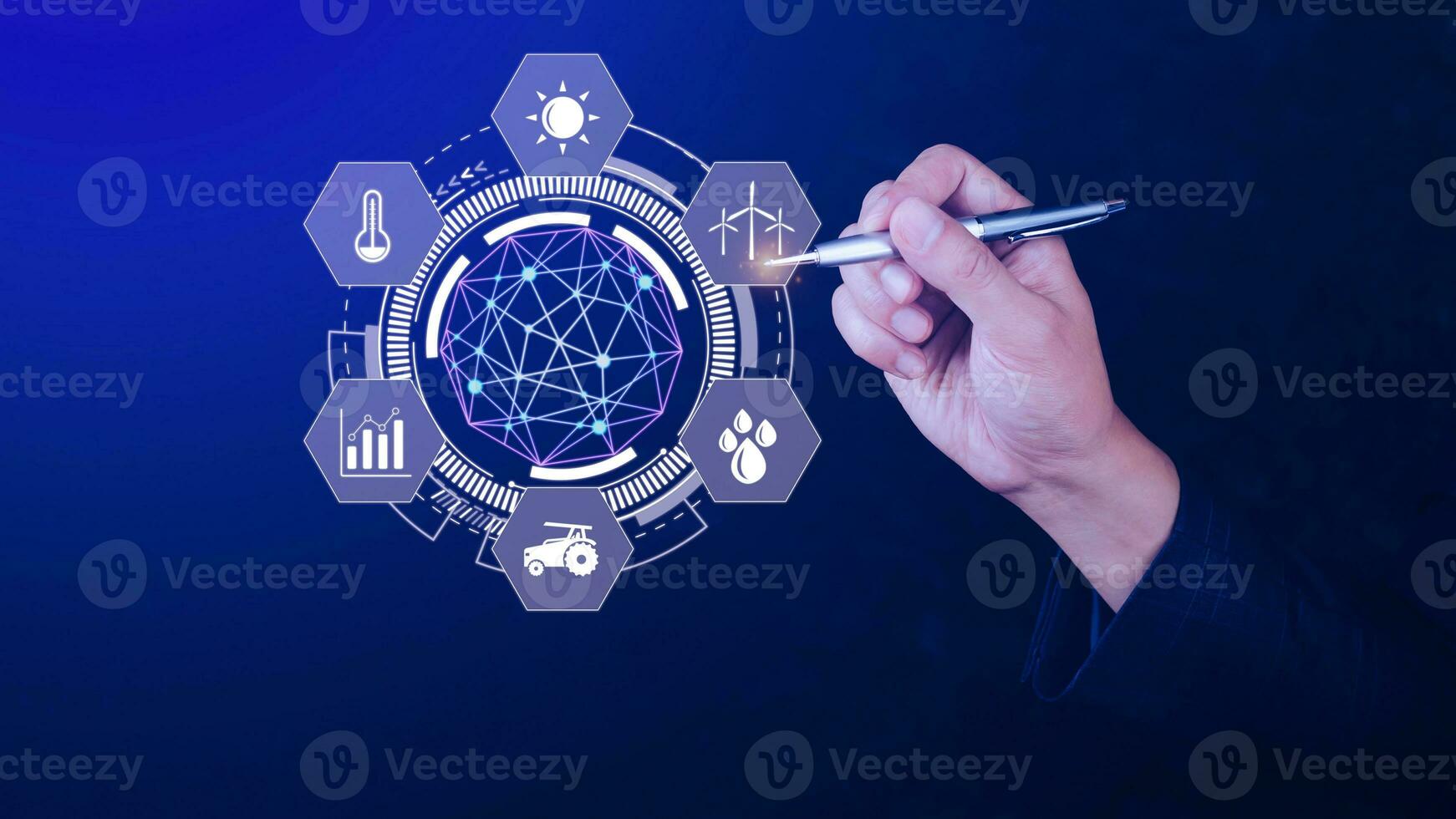 Using hand pressing with infographics Smart farming and precision agriculture with visual icon, Innovation technology for smart farm system, Agriculture management, smart technology concept photo