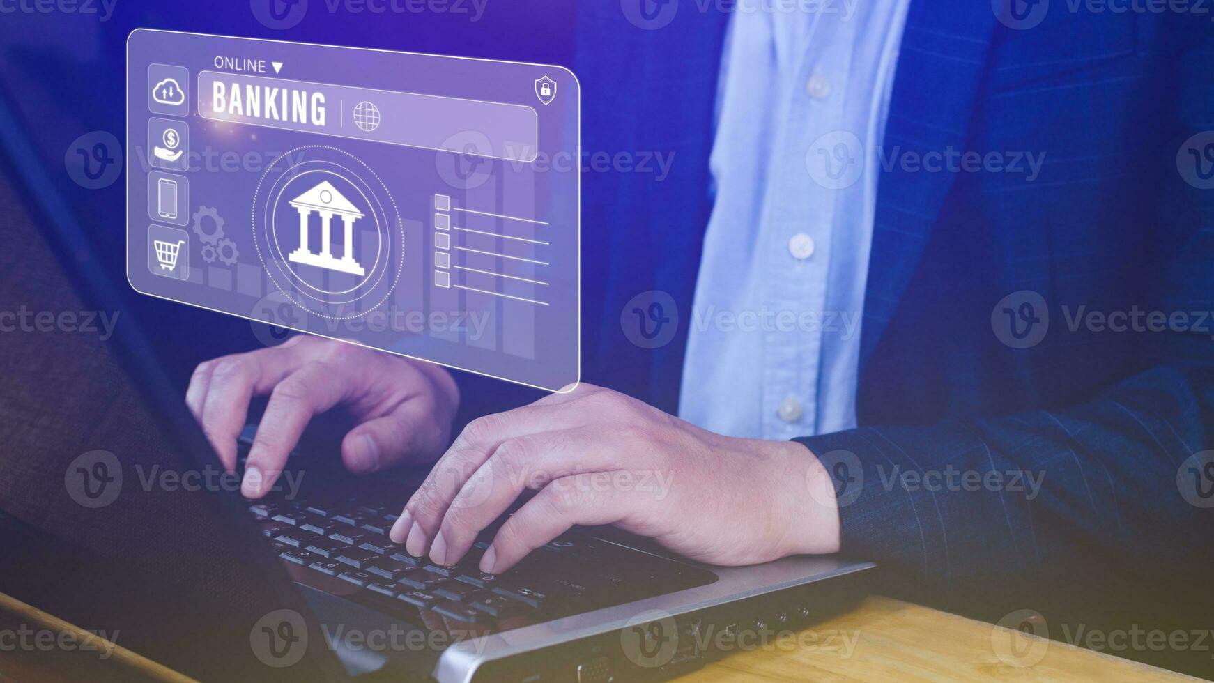 Businessman touches online banking and network connection icons, online payment icons on virtual screen, Internet Online Banking Pay Concept. photo