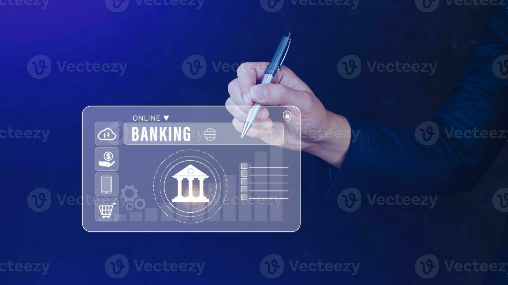 Businessman touches online banking and network connection icons, online payment icons on virtual screen, Internet Online Banking Pay Concept. photo