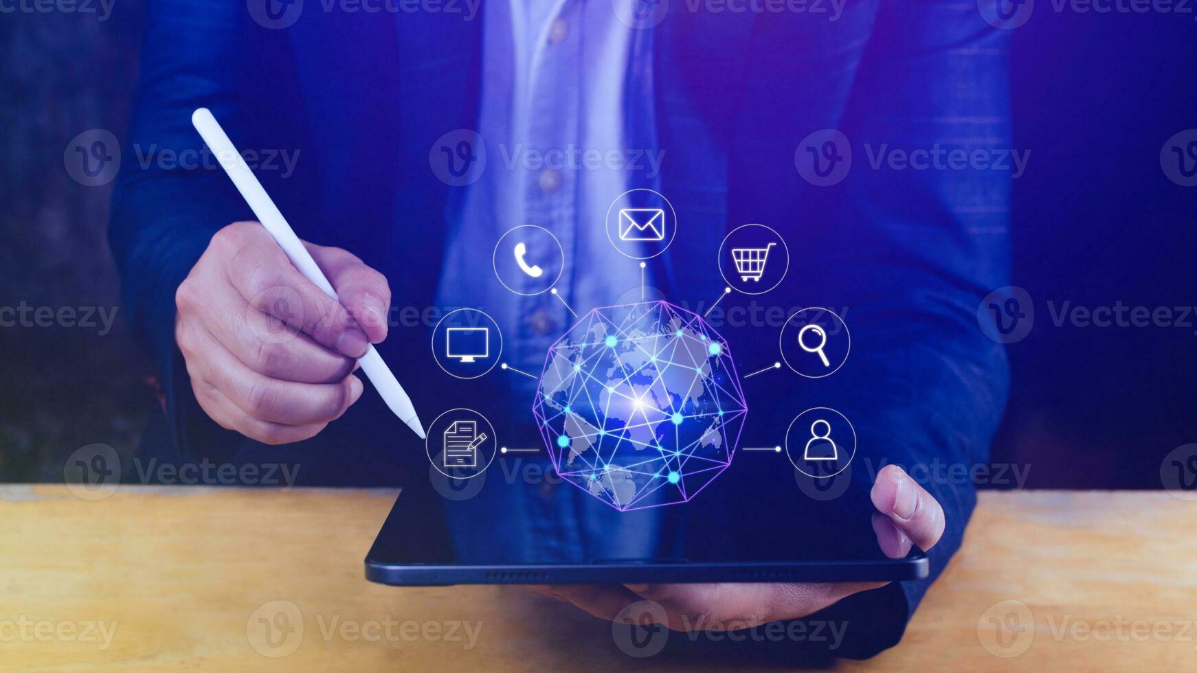 Businessman touching Global network connection digital business hologram, Big data analytics and business intelligence concept, Infograph, technology. photo