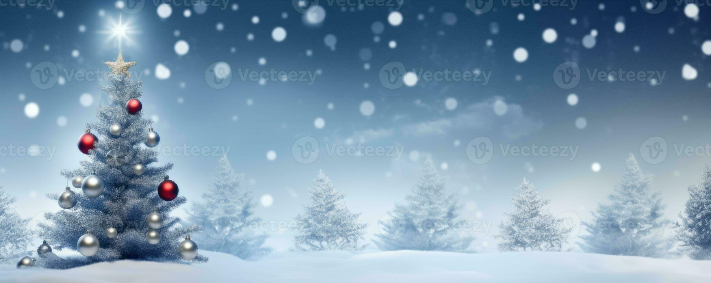 Christmas tree on a white and dark blue snowy background. AI generated photo