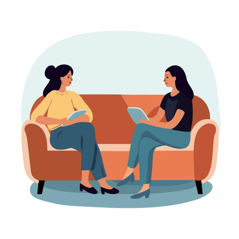Two women dressed casually sitting on a sofa and having conversation. Vector illustration in cartoon style