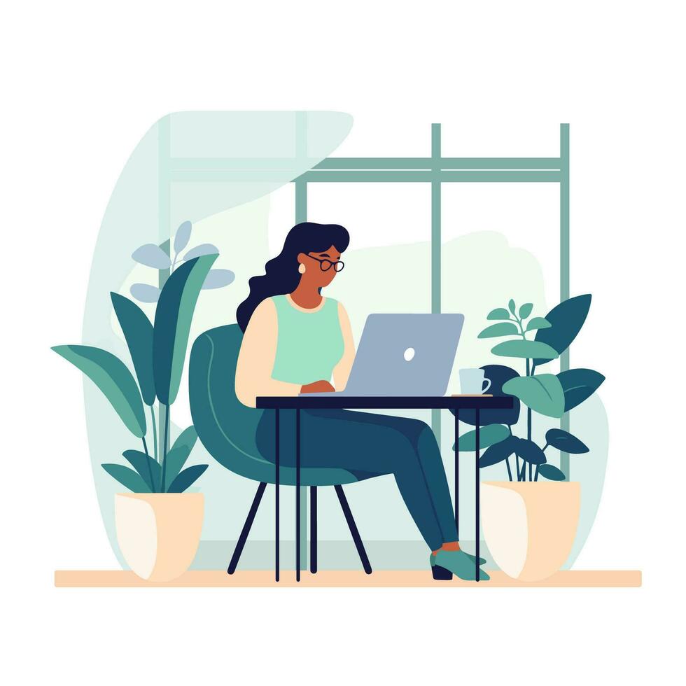 mujer sentado a el escritorio con computadora portátil, trabajo sitio moderno concepto, vector ilustración