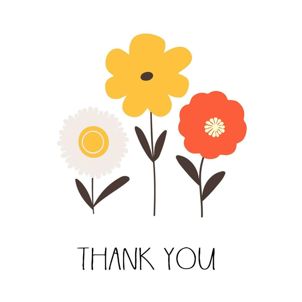 Thank you card with simple cute doodle flowers. Vector illustration