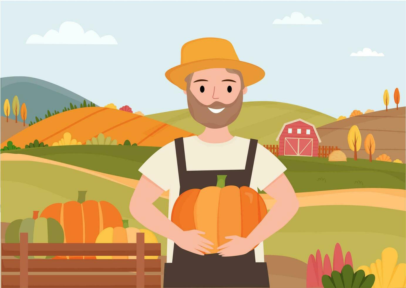 Farmer holds a big pumpkin in his hand on the countryside background. Harvest time. Farm market, harvest festival, eat local concept. Hello pumpking season. Organic vegetable. Vector illustration.