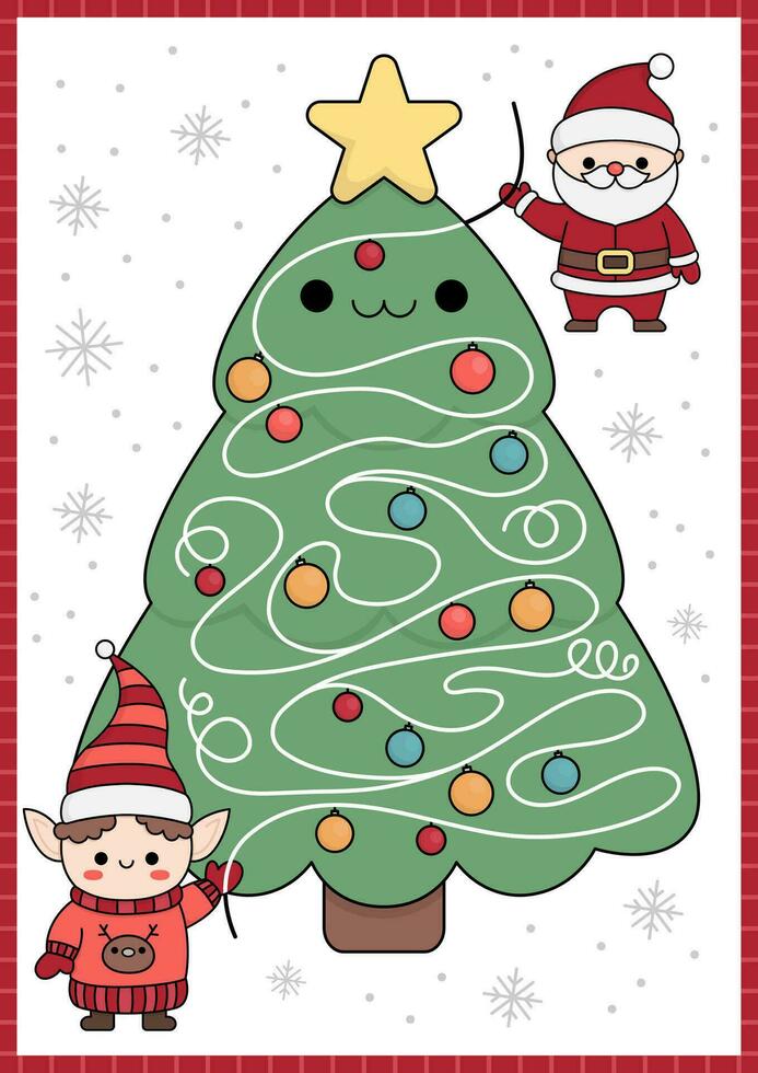 Navidad laberinto para niños. invierno fiesta preescolar imprimible actividad con linda kawaii Papa Noel claus y duende decorando árbol con guirnalda y pelotas. nuevo año laberinto juego o rompecabezas con linda caracteres vector