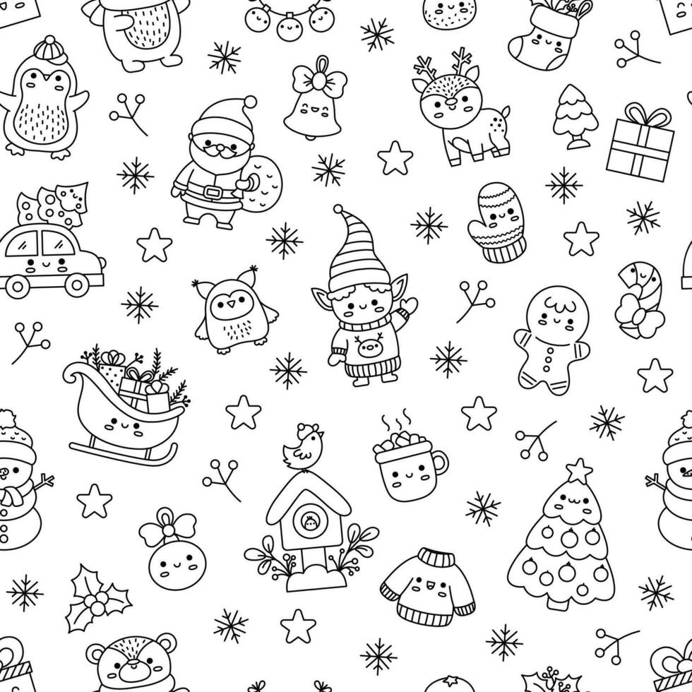 Vector black and white Christmas seamless pattern with kawaii Santa Claus, elf, sleigh, deer, tree. Cute repeat background with funny winter characters. New Year line holiday coloring page