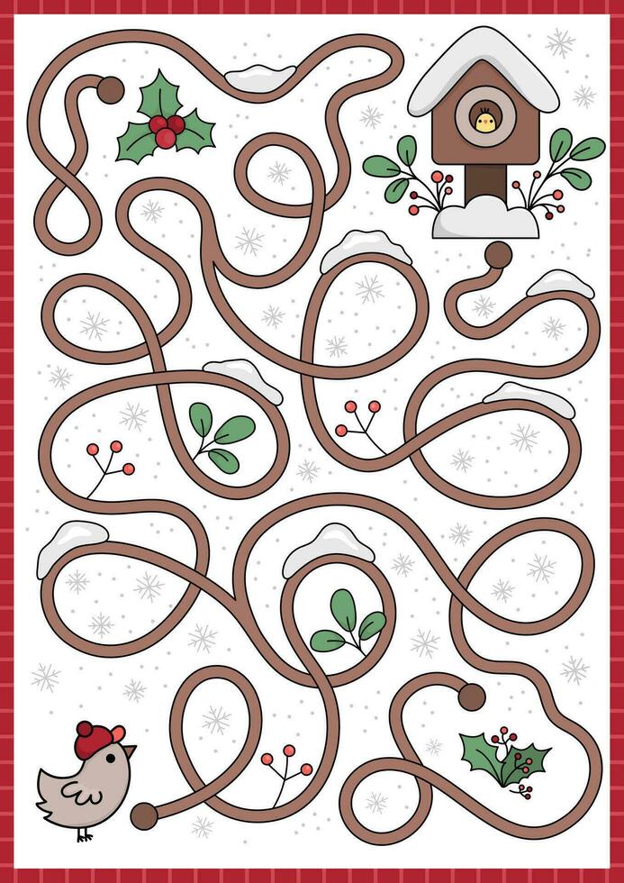 Christmas maze for kids. Winter holiday preschool printable activity with cute kawaii bird, snowflakes and birdhouse with nestling. New Year labyrinth game or puzzle with cute characters vector