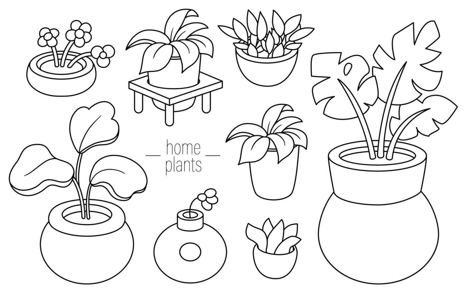Vector black and white houseplants in pots set. Home plants line icons collection. Leaves and flowers isolated on white background. Greenery coloring page