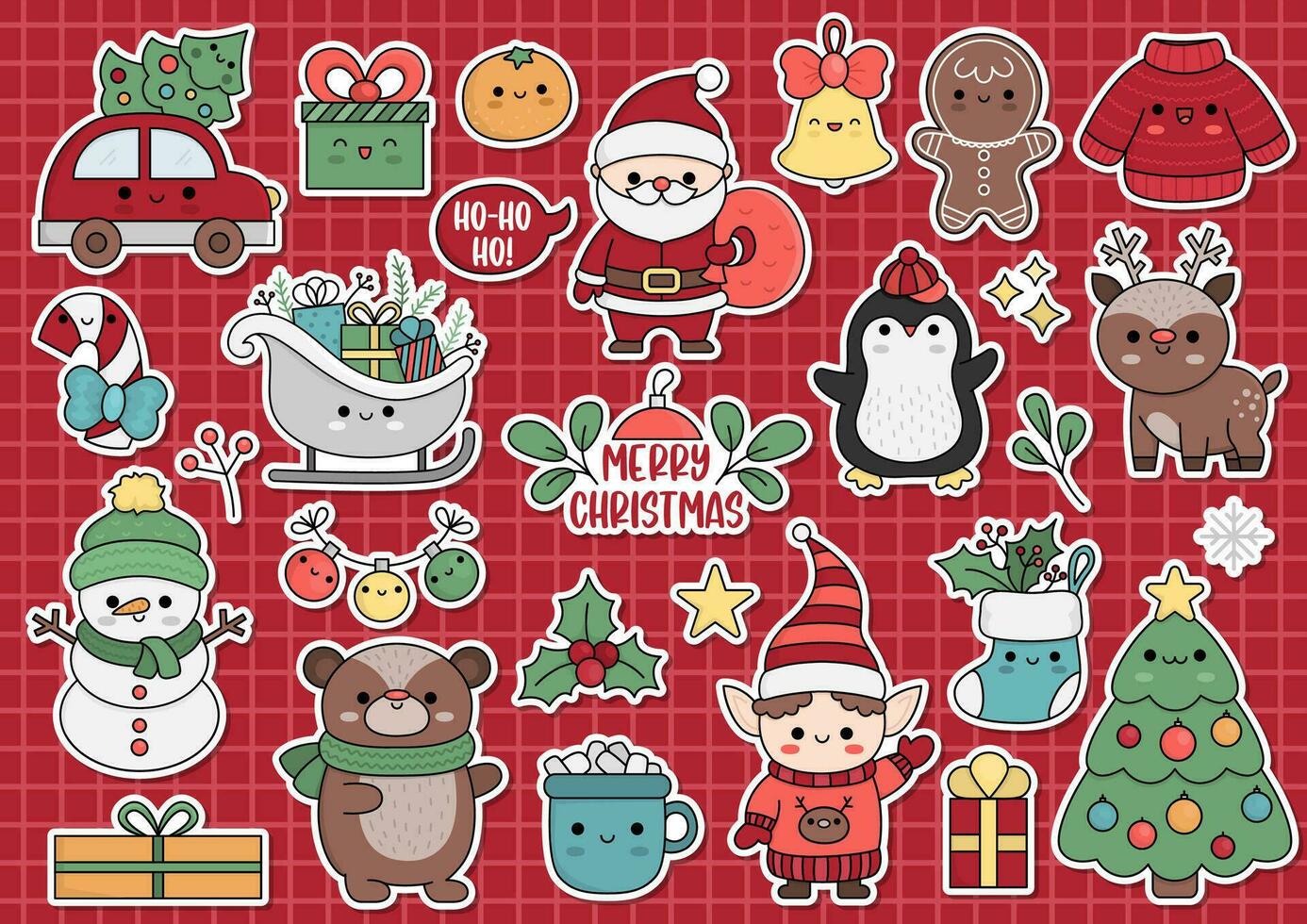 Vector Christmas stickers with cute kawaii characters. Traditional New Year party clipart for kids. Funny badges collection with Santa Claus, fir tree, deer, present. Winter holiday cartoon icons set