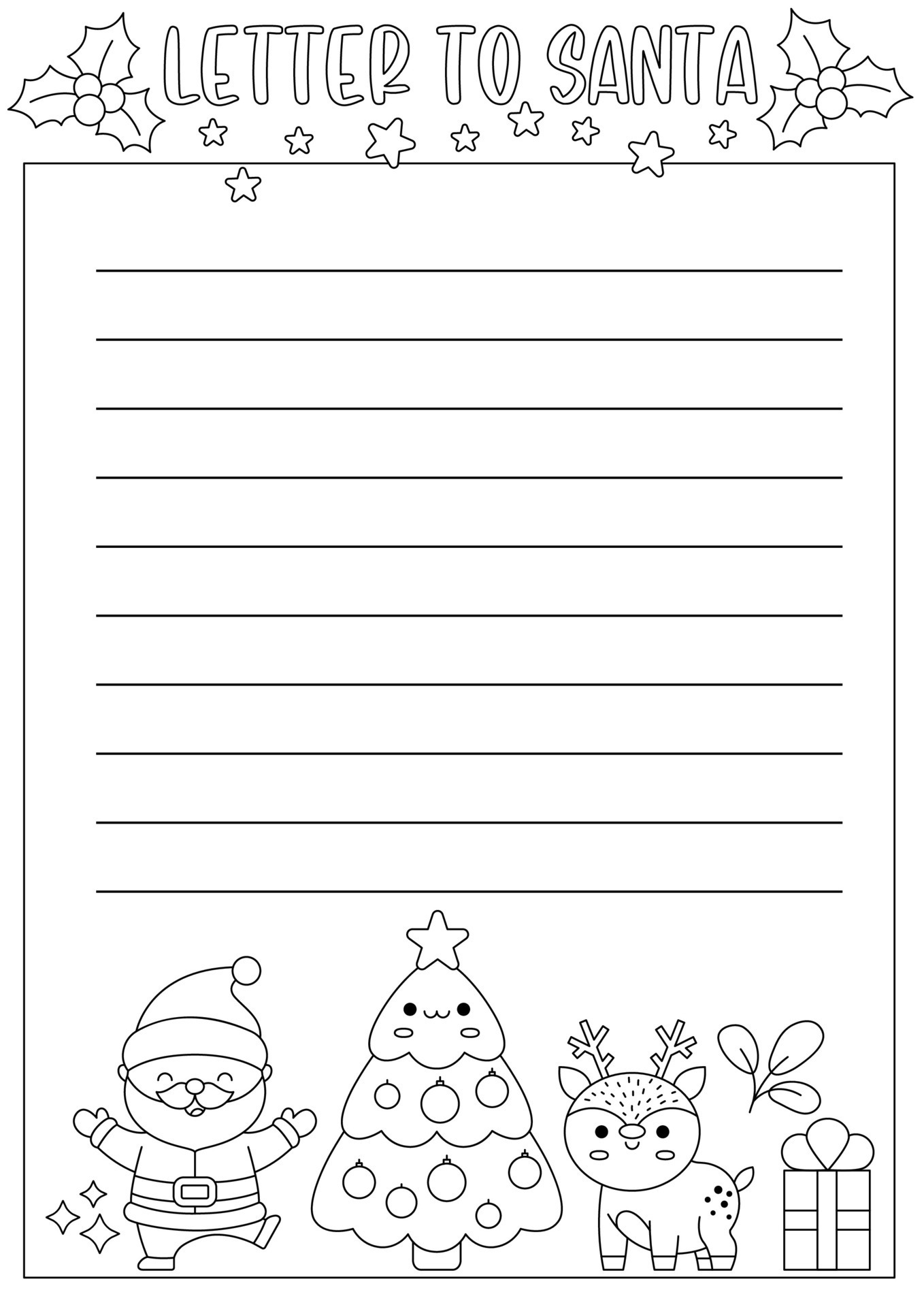 Vector black and white letter to Santa Claus template Cute line kawaii