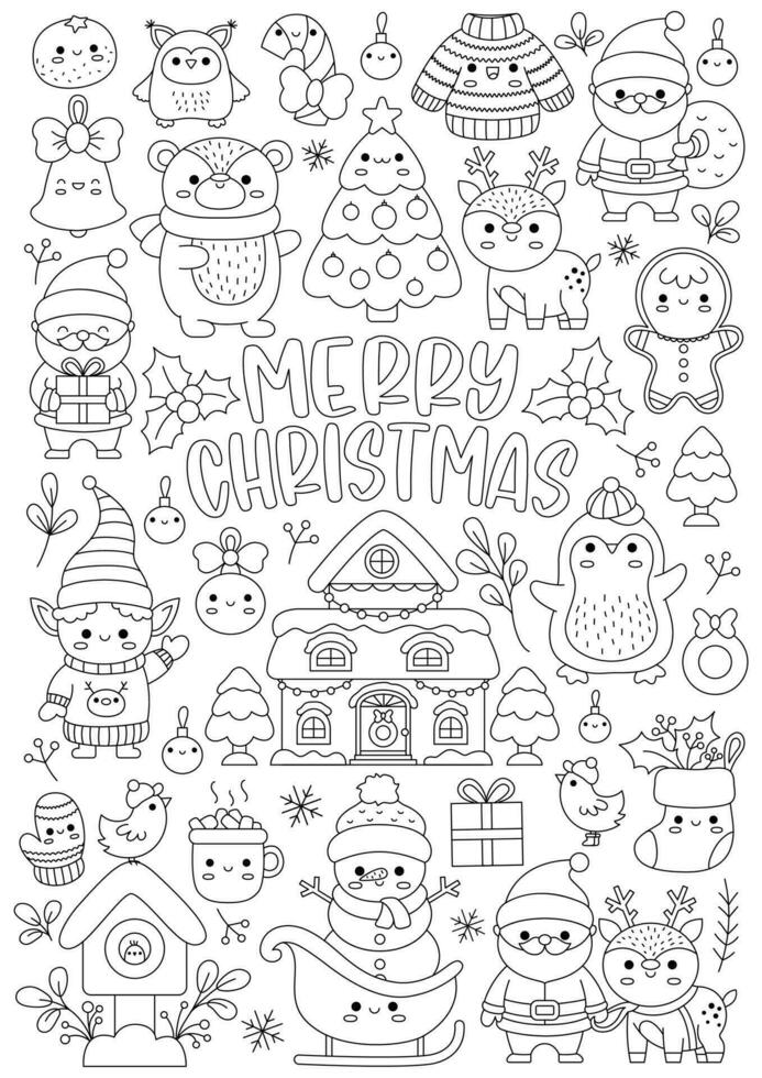 Vector Christmas vertical line coloring page for kids with cute kawaii characters. Black and white winter holiday illustration with Santa Claus, deer, elf, bear, tree. Funny New Year searching poster