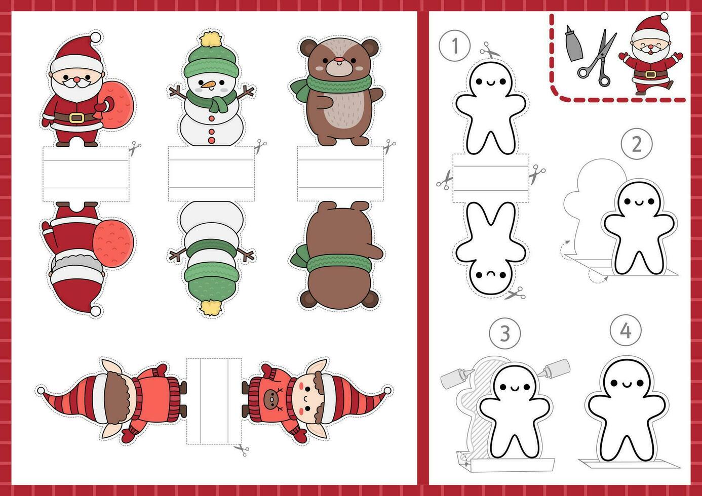 vector Navidad papel muñecas colocar. linda dedo marionetas o papas fritas con Papa Noel noel, muñeco de nieve, duende, oso en bufanda para niños. invierno fiesta cortar fuera arte tarjetas sencillo nuevo año imprimible juego