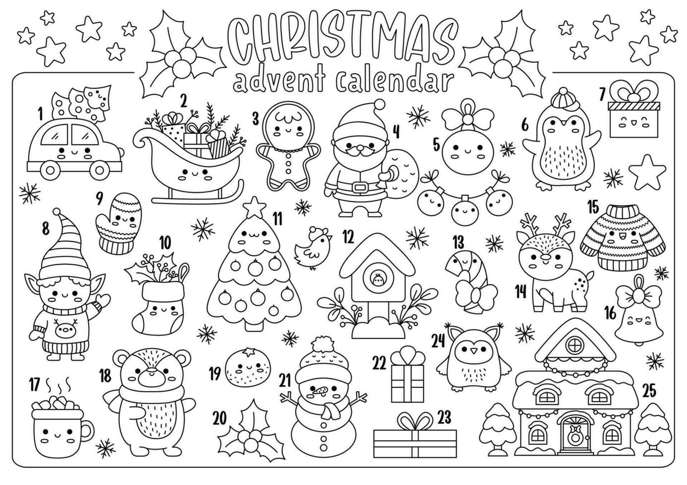 vector negro y blanco Navidad adviento cuenta regresiva calendario con tradicional fiesta simbolos linda línea kawaii invierno planificador para niños. festivo nuevo año colorante página con Papa Noel noel, árbol, ciervo