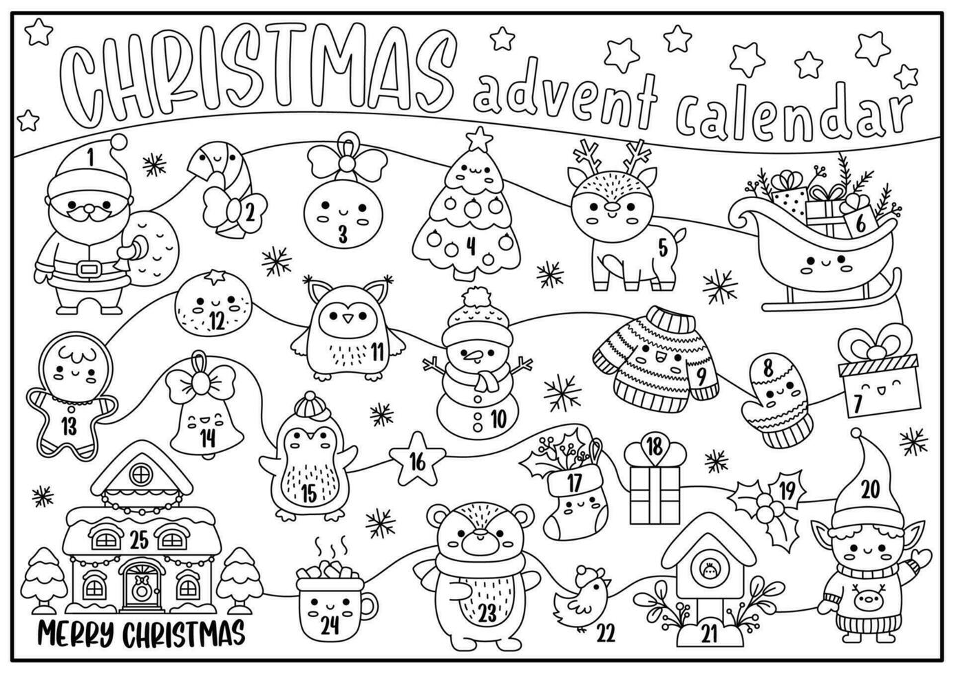 Vector black and white Christmas maze like advent countdown calendar with holiday symbols. Line kawaii winter planner for kids. Festive New Year coloring page with Santa Claus