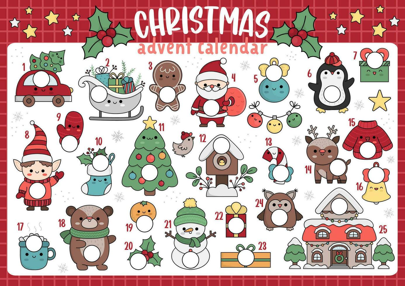 Vector Christmas advent countdown calendar with traditional holiday symbols. Cute kawaii winter planner for kids. Festive New Year poster design with Santa Claus, fir tree, deer, present