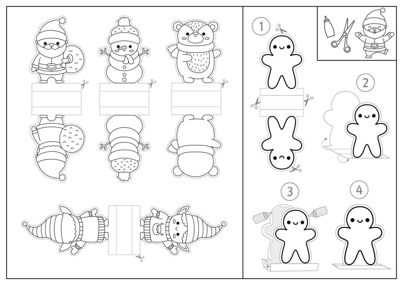 Vector black and white Christmas paper dolls set. Cute line finger puppets or chips with Santa Claus, snowman, elf, bear for kids. Winter holiday cut out craft cards. New Year coloring page