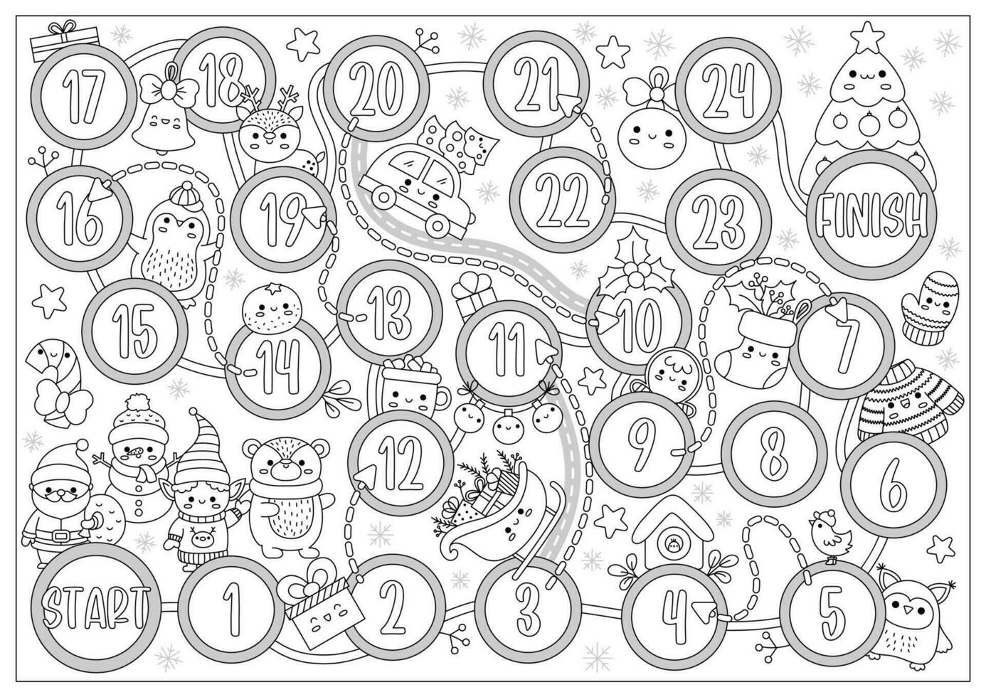 Christmas black and white board game for children with Santa Claus and cute kawaii tree. Winter holiday party boardgame with snowman, elf. New Year printable roll a dice coloring page vector