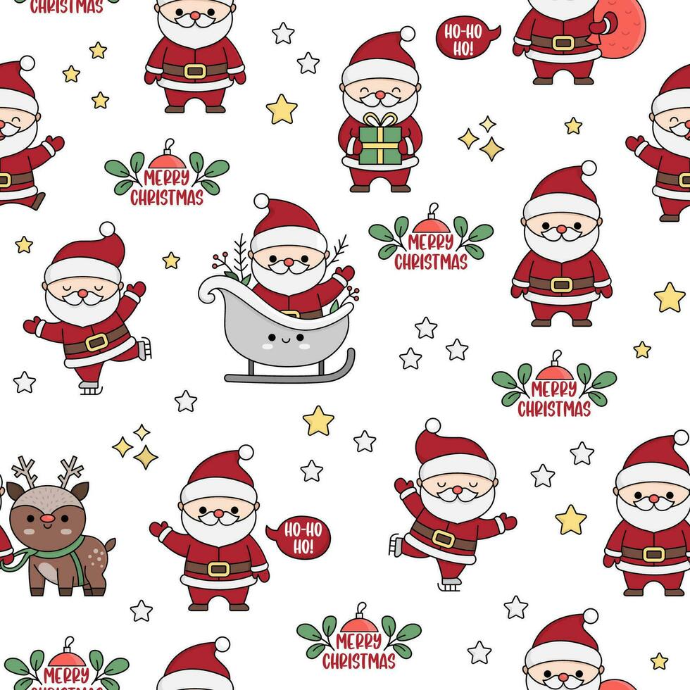 Vector seamless pattern with kawaii Santa Claus. Cute repeat background with Santas, present, sack, sleigh. Father Frost digital paper. Christmas, winter, New Year holiday wallpapers