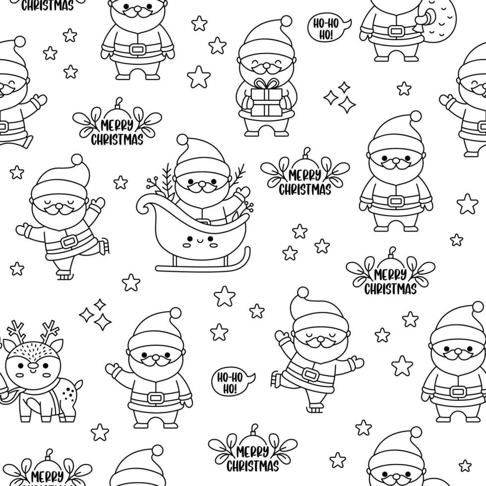 Vector black and white seamless pattern with kawaii Santa Claus. Cute repeat background with Santa, present, sack. Father Frost line digital paper. Christmas, winter, New Year holiday coloring page