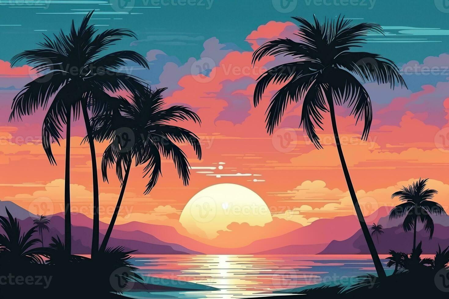 Cartoon flat panoramic landscape, sunset with palm trees. Background in retrofuturism style photo