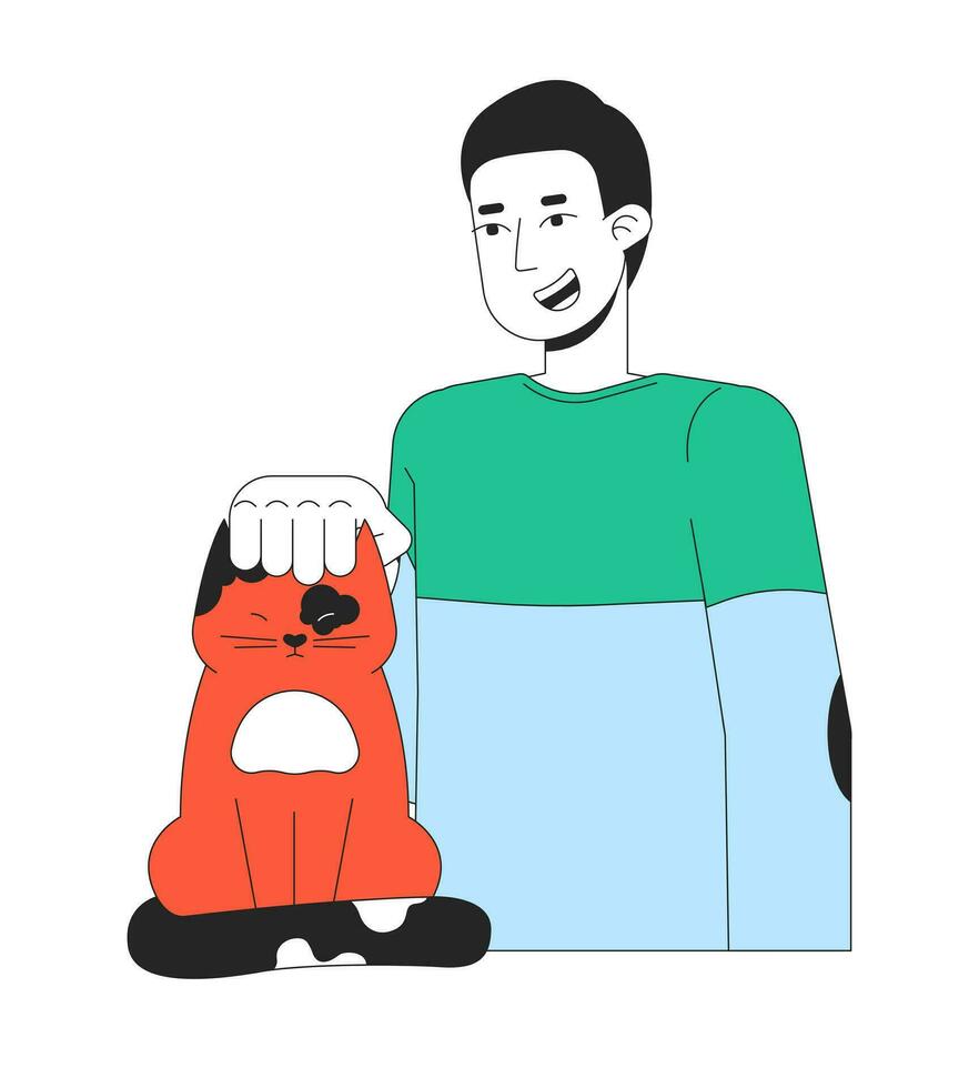 Caucasian guy gently petting cat 2D linear cartoon character. European pet owner isolated line vector person white background. Kitten being petted. Veterinarian male color flat spot illustration