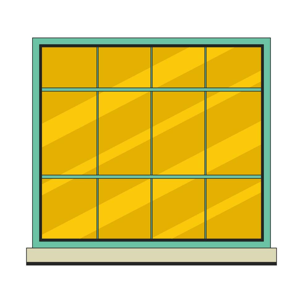 Twelve pane window with windowsill 2D linear cartoon object. Building exterior window glass isolated line vector element white background. Retro residential casement color flat spot illustration