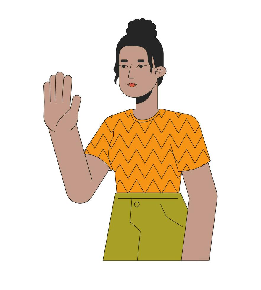 Top knot black girl saying hi 2D linear cartoon character. African american woman positive greeting isolated line vector person white background. Stop hand. Nonverbal color flat spot illustration